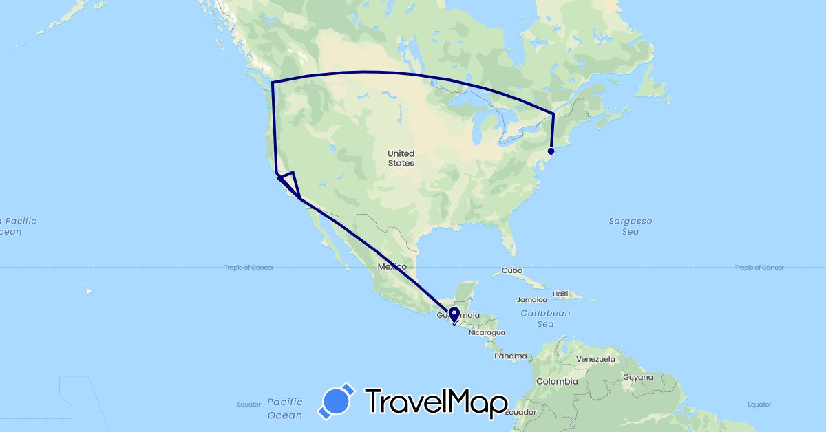 TravelMap itinerary: driving in Canada, Guatemala, United States (North America)